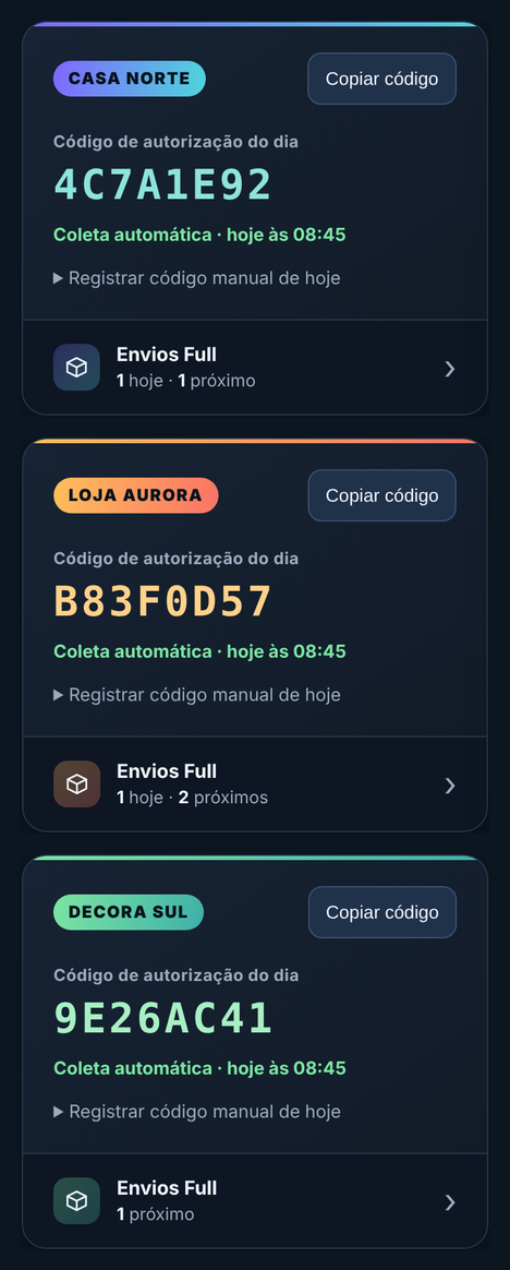 Painel no celular com o código de autorização do dia de três empresas, um embaixo do outro